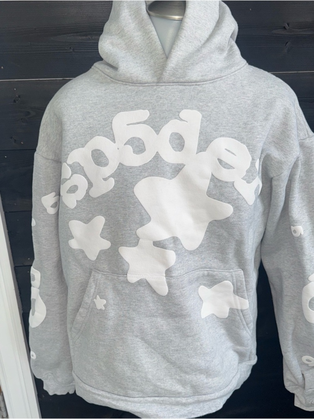 Sp5der Beluga Hoodie Mens Small Gray Star Graphic Pullover Fleece Sweatshirt
